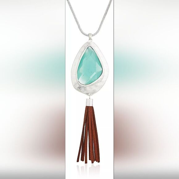 The Sak Silver Aqua Stone & Tassel Pendant Necklace NWT 28" - Picture 1 of 4